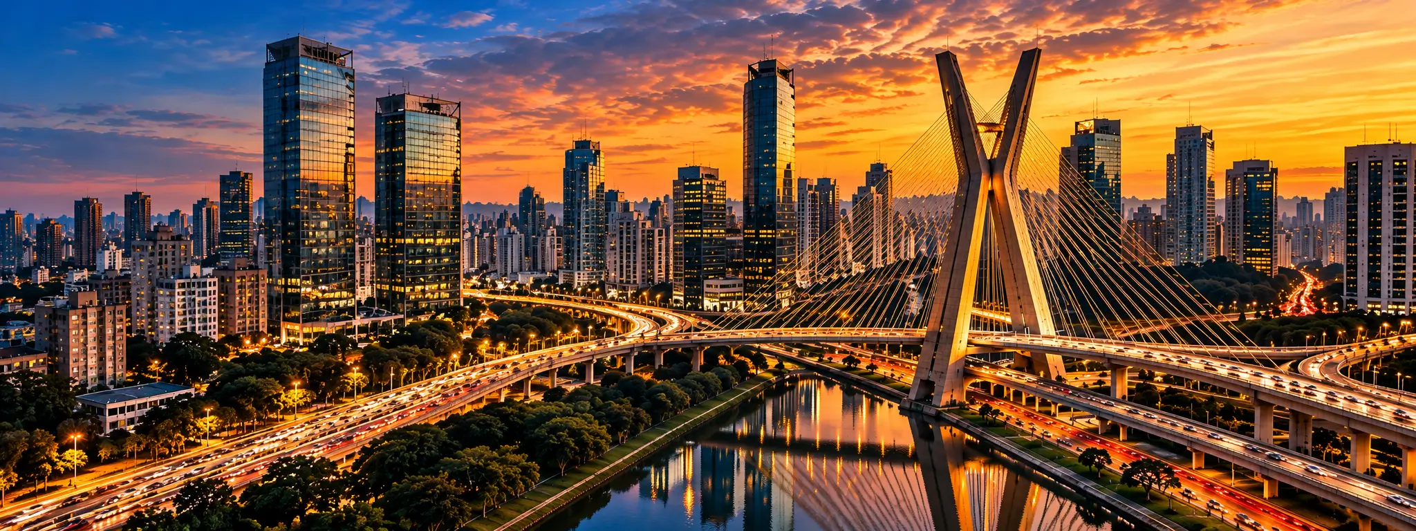 Ponte Estaiada ao entardecer, em São Paulo